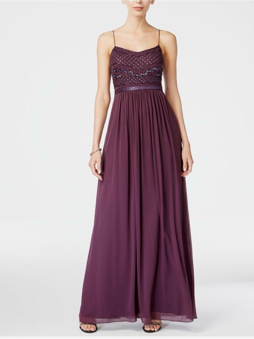 Adriana Papell Beaded Bodice Spaghetti-Strap Maxi Dress in Currant Red